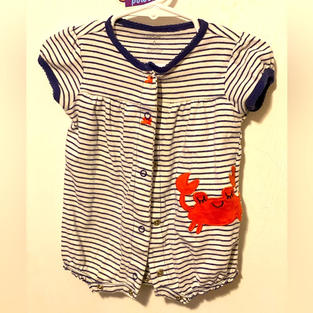 Carter summer onesie 6-9 months. Blue stripes with crap.